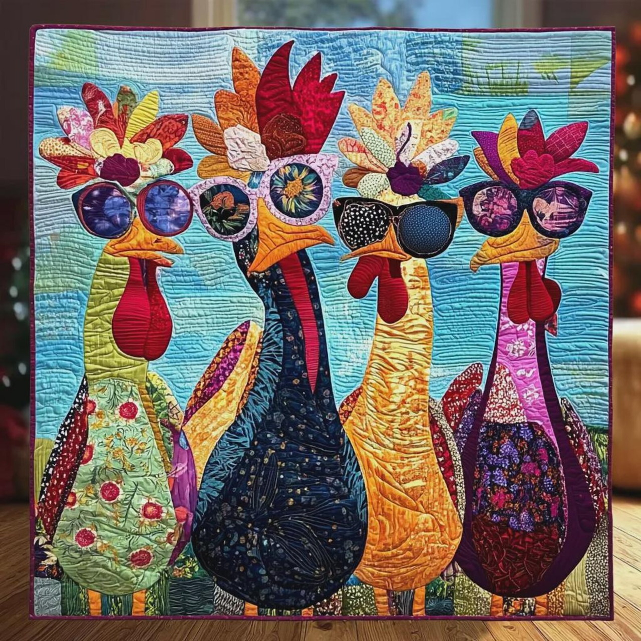 Four whimsical fabric chickens wearing sunglasses on a blue quilted wall hanging