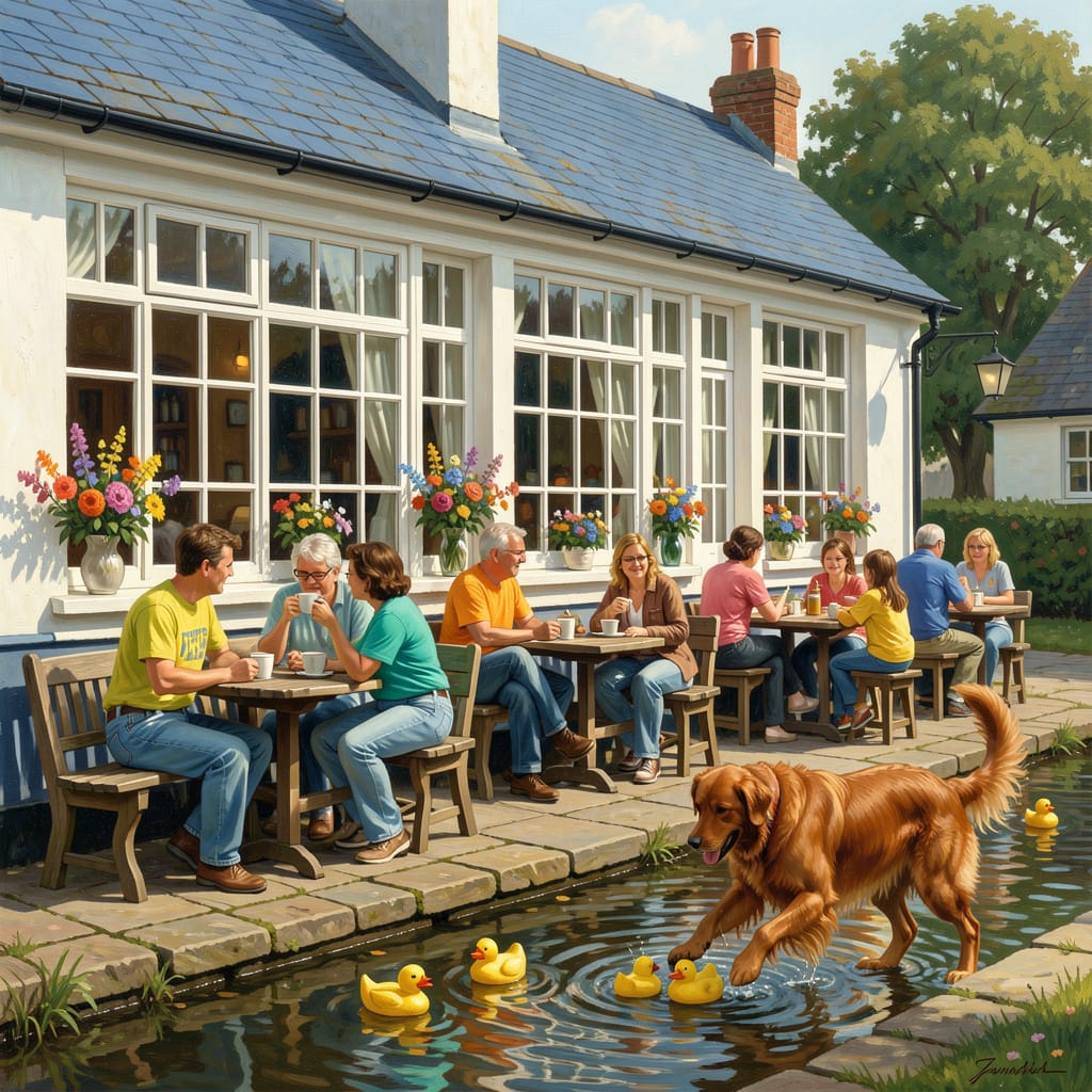 Golden dog splashing in a pond with rubber ducks beside people seated outside a cottage café