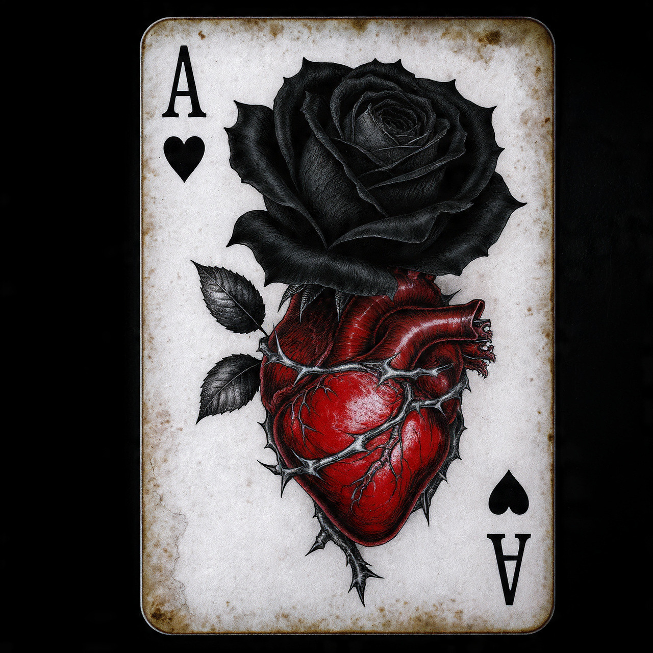 Ace of spades card illustration with a black rose and red anatomical heart
