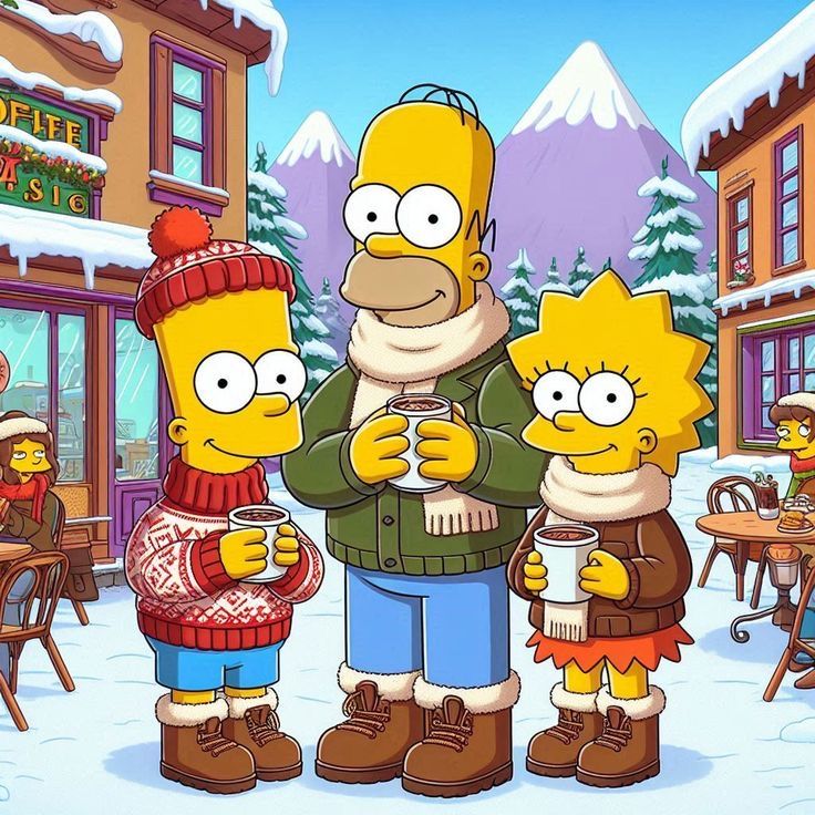 Homer Simpson with Bart and Lisa in winter clothes holding mugs in snowy town square