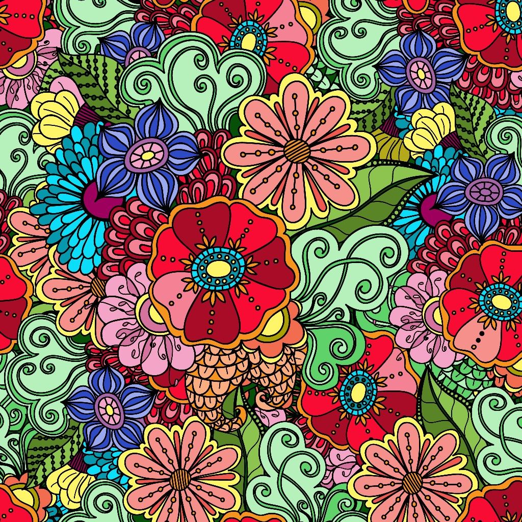 Colorful illustrated floral pattern with flowers, swirls, and butterfly on dark background