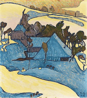 Expressionist painting of blue houses in a snowy village with trees and hills