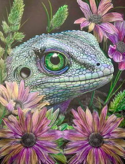 Illustration of a green lizard with a bright green eye peeking through purple and pink flowers
