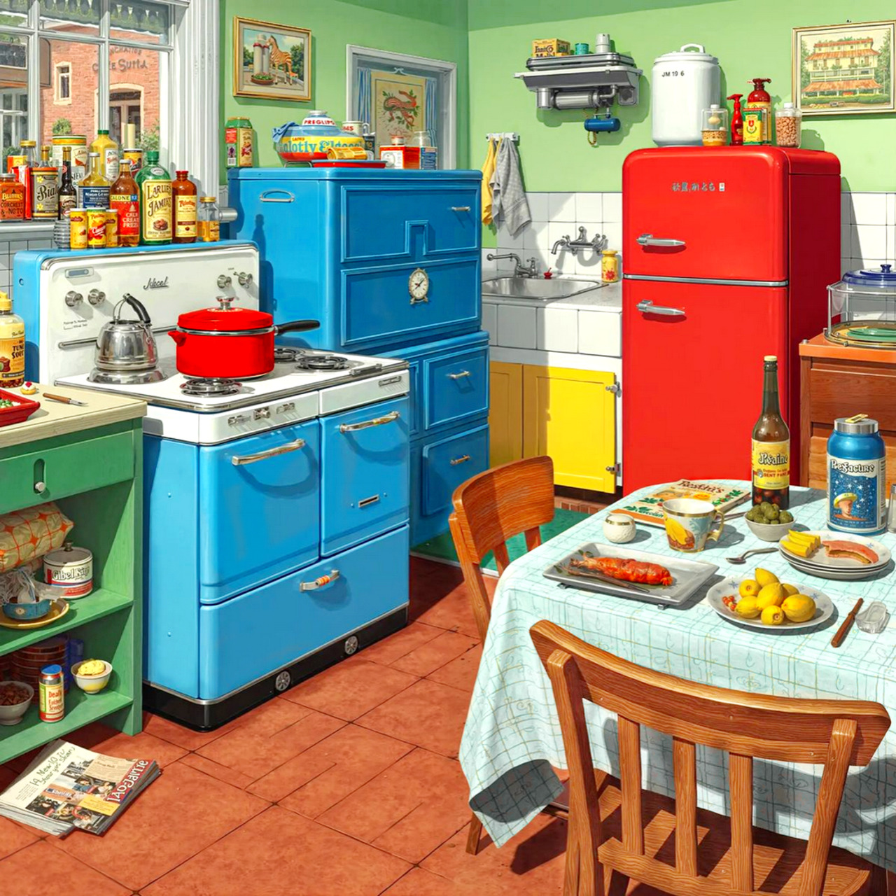 Colorful vintage kitchen interior with blue stove, red refrigerator, table, and shelves