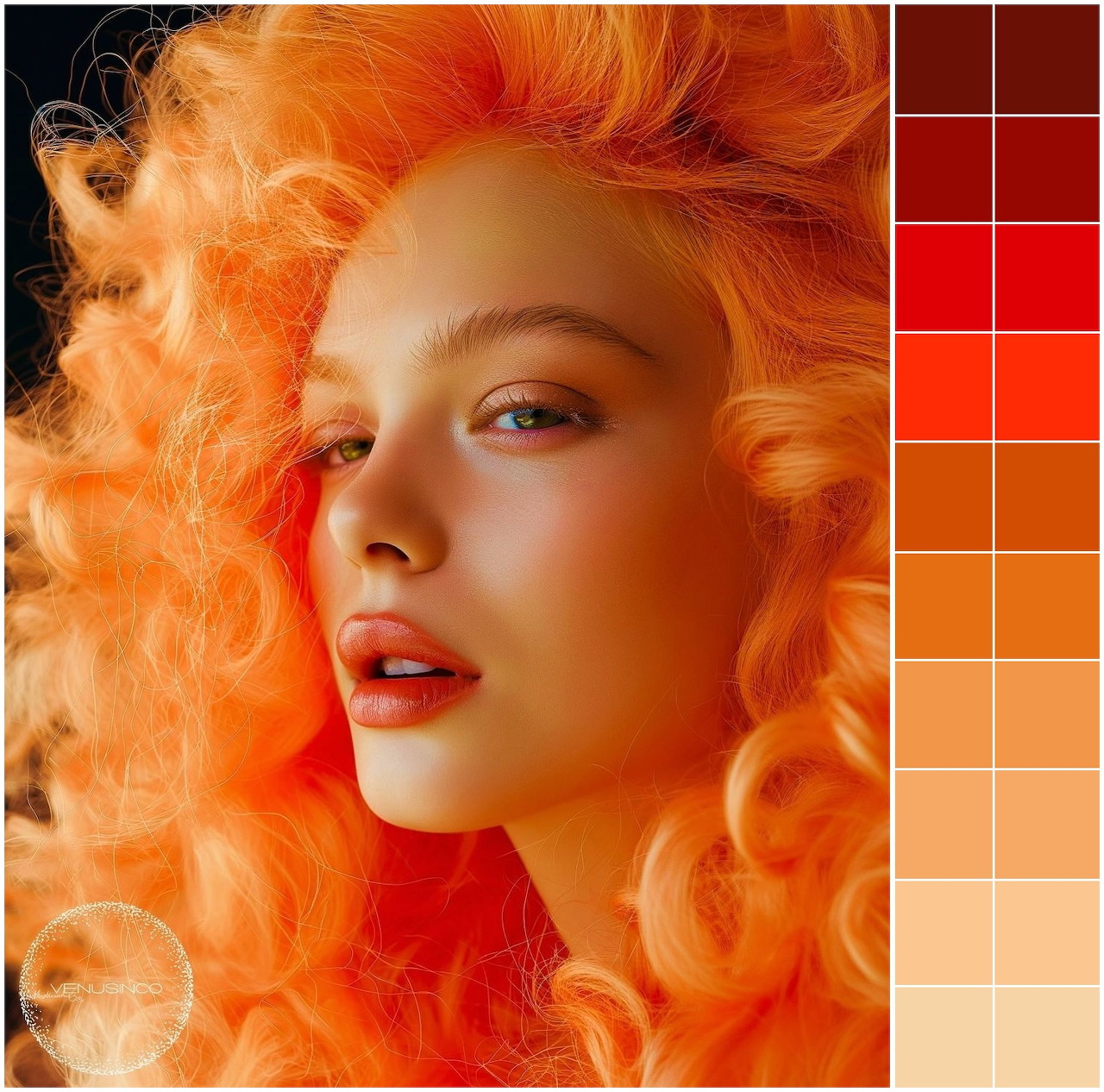 Close-up of a woman with bright curly orange hair next to orange color palette swatches