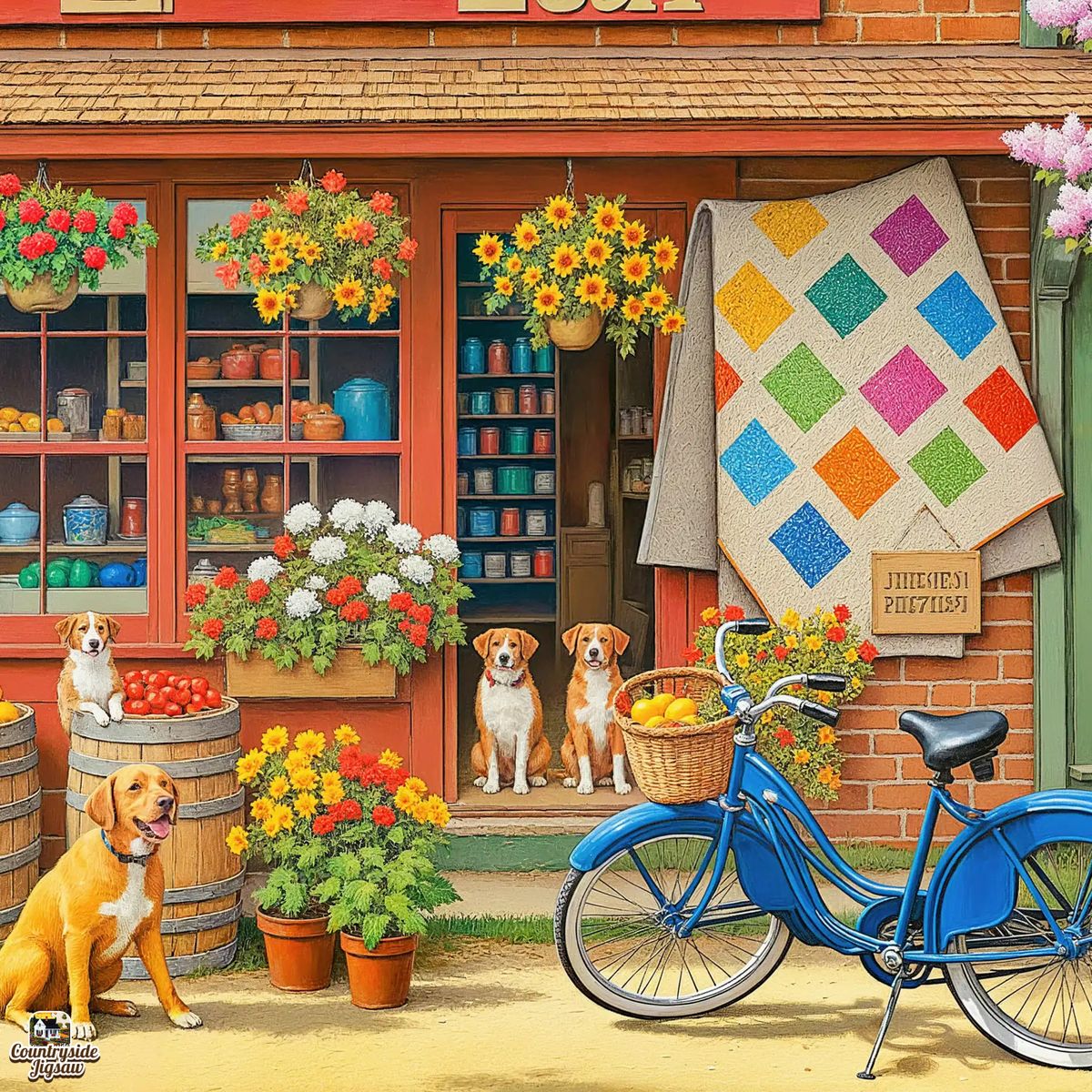Illustration of flower shop with bicycle, colorful quilt, potted flowers, and three dogs on sidewalk