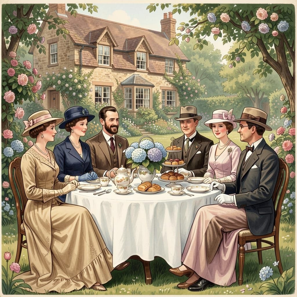 Illustration of five well-dressed people having tea in a flower garden beside a cottage