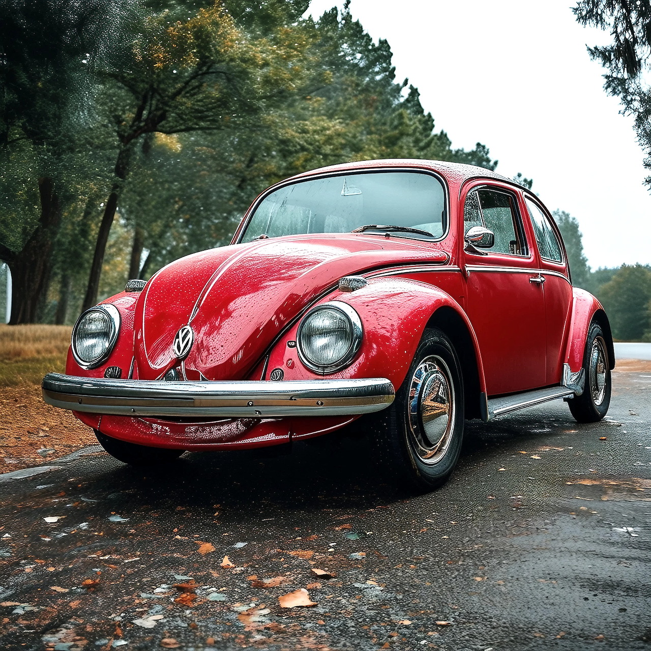 Red Volkswagen Beetle classic car on tree-lined road