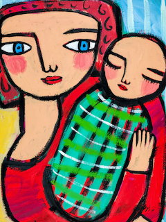 Colorful painting of a mother holding a sleeping child