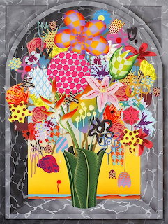 Illustrated bouquet of colorful flowers in a green vase against a gray arched background