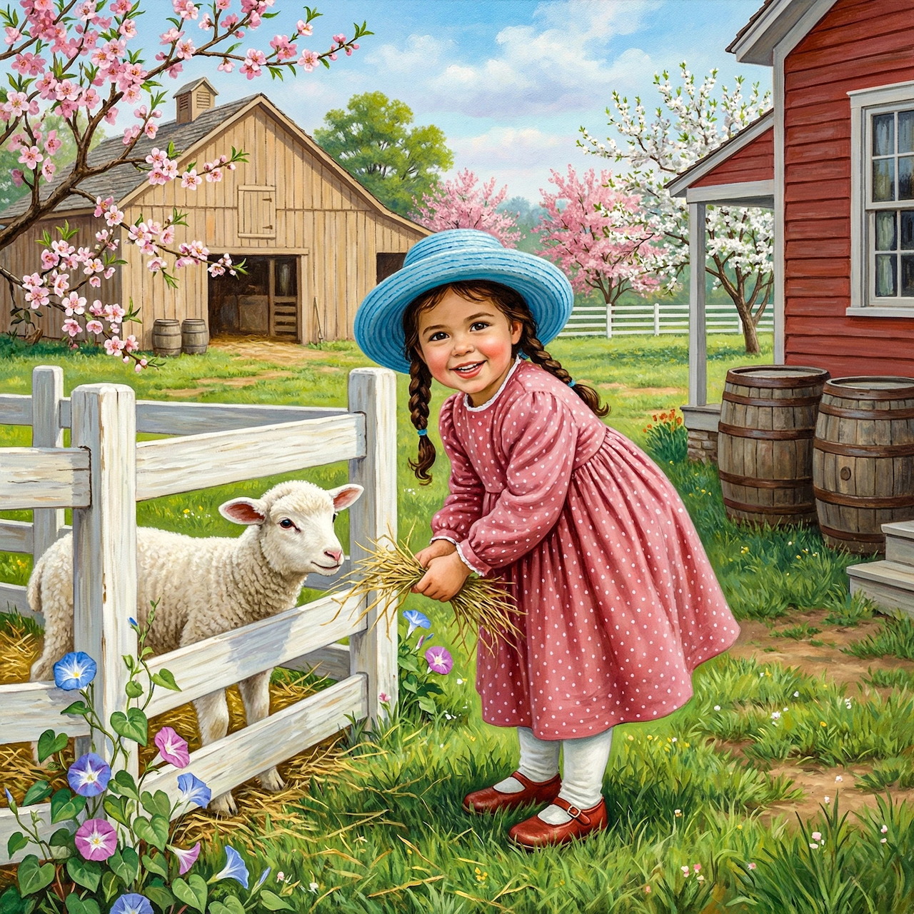 Girl with Lamb on Spring Farm