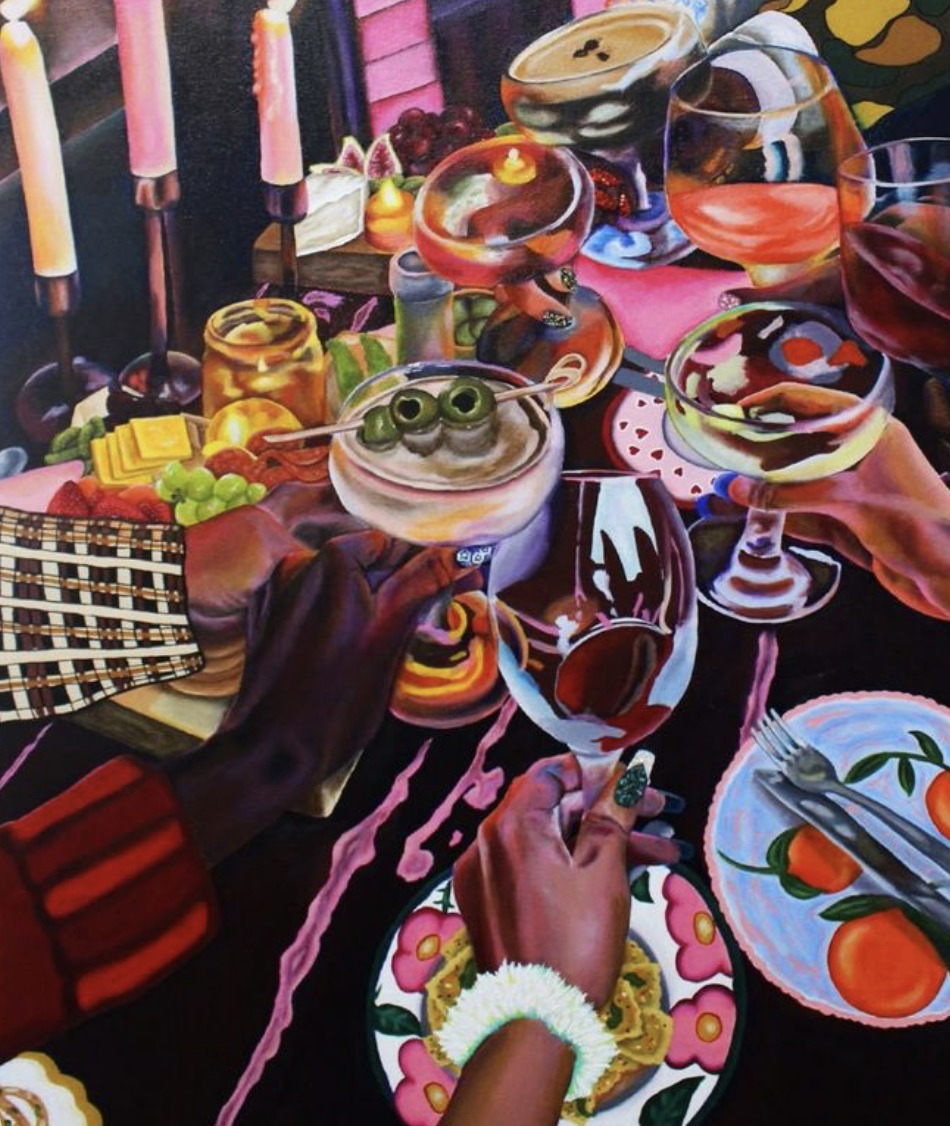 Painting of multiple hands toasting with wine glasses over a festive dinner table with candles and food