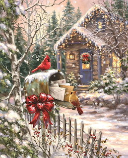 Snow-covered cottage with cardinal on mailbox, Christmas wreaths, evergreens, and path through winter landscape