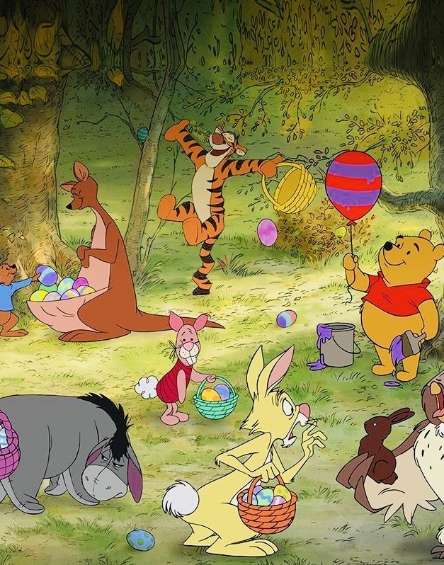 Winnie the Pooh characters searching for Easter eggs in a forest setting with trees and grass