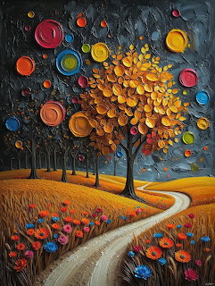 Textured painting of a golden autumn tree with colorful circles in sky and winding path through fields