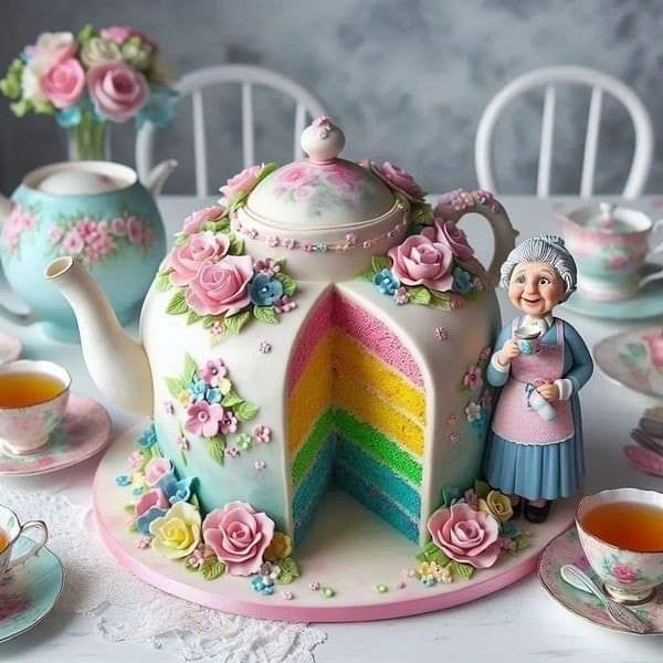 Pastel teapot cake with rainbow layers, roses, and fondant grandmother figure on tea party table