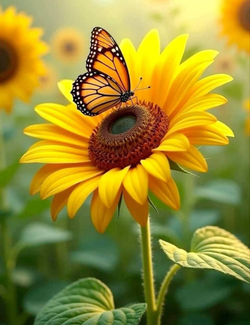 Orange butterfly resting on a yellow sunflower in a garden