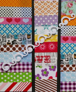 Colorful collage of patterned washi tape strips with hearts, dots, flowers, checks, and stripes