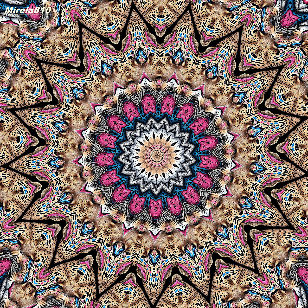 Intricate mandala with radial symmetry in pink, blue, beige and white geometric patterns