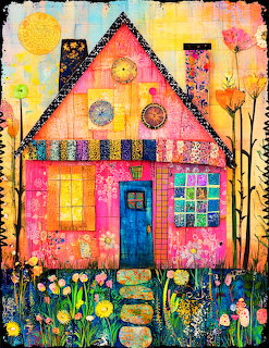 Colorful folk art cottage with patchwork walls, blue door, flowers, and whimsical decorative elements