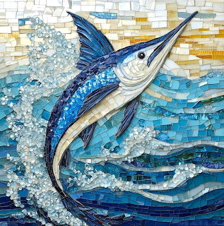 Glass mosaic artwork of a blue and white sailfish jumping through stylized ocean waves