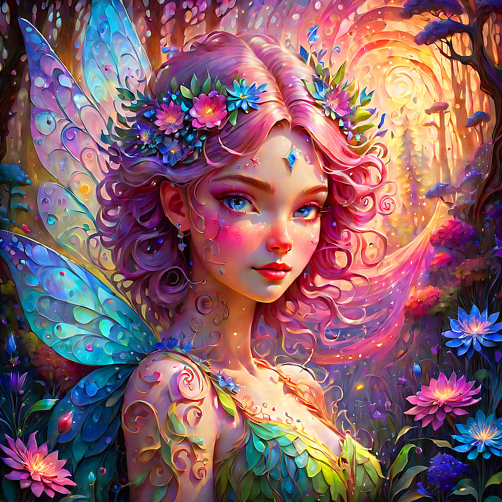 Fantasy fairy with iridescent wings, floral crown, and colorful swirling magical background