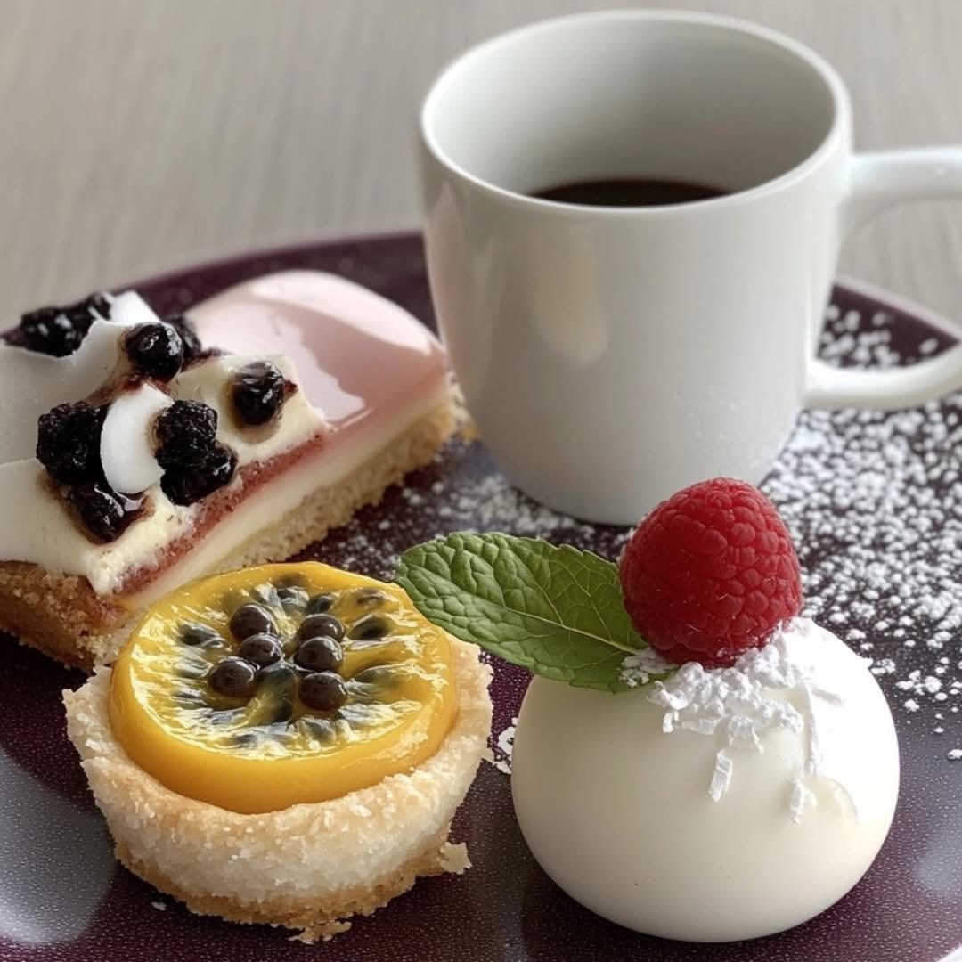 Three petite French desserts on a plate next to a white coffee cup