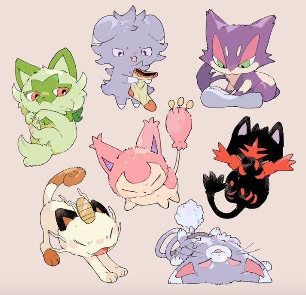 Seven chibi-style Pokémon characters arranged on beige background in playful poses