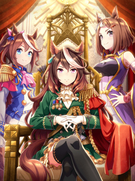 Symboli Rudolph from Umamusume Pretty Derby on ornate throne in regal outfit
