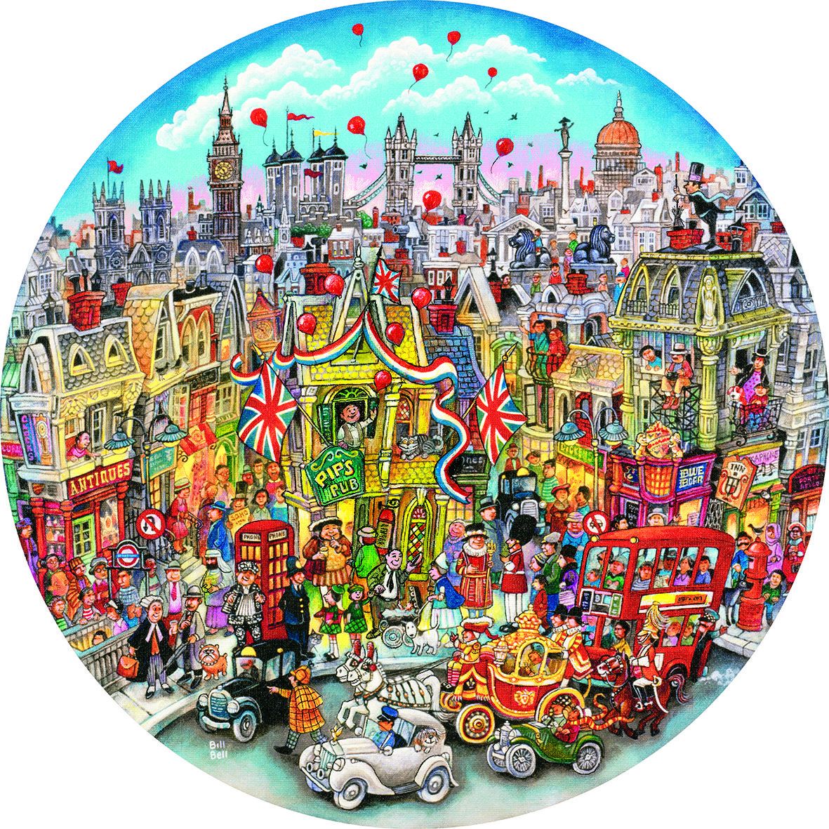 Busy cartoon city illustration with colorful buildings, classic cars, crowds of people, and hot air balloons in sky