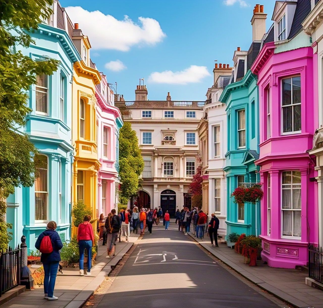 Colorful pastel houses on a London street in Notting Hill with people walking