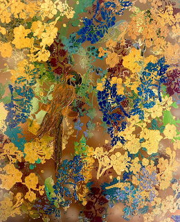 Abstract textured painting with gold, blue, and brown organic shapes and rich surface texture