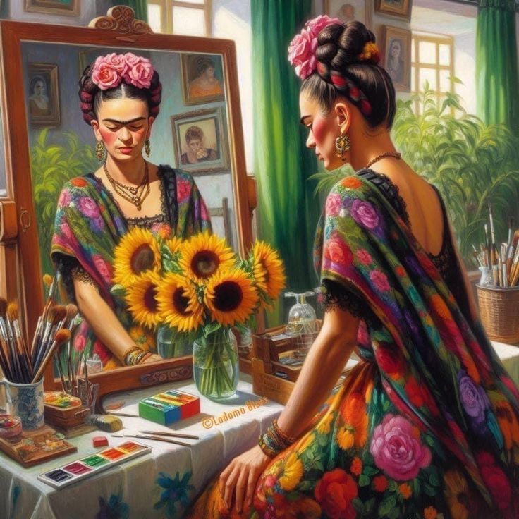 Woman in colorful traditional dress holding sunflowers in an artist studio with paintings and easel