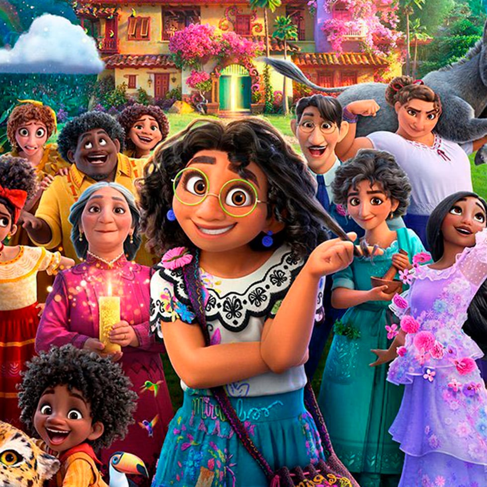 Animated girl with glasses and embroidered dress standing with family members in front of colorful magical house