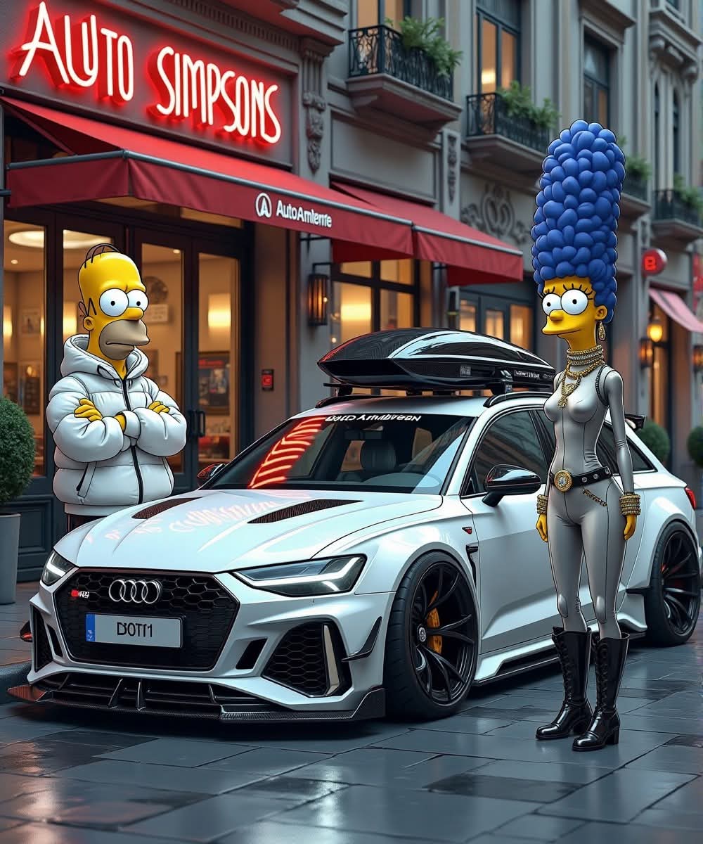 3D render of Homer and Marge Simpson beside a white tuned Audi in front of Auto Simpsons shop