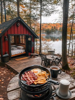 Breakfast plate with bacon, eggs, and fries on a wooden deck overlooking a misty lake and red cabin in autumn woods