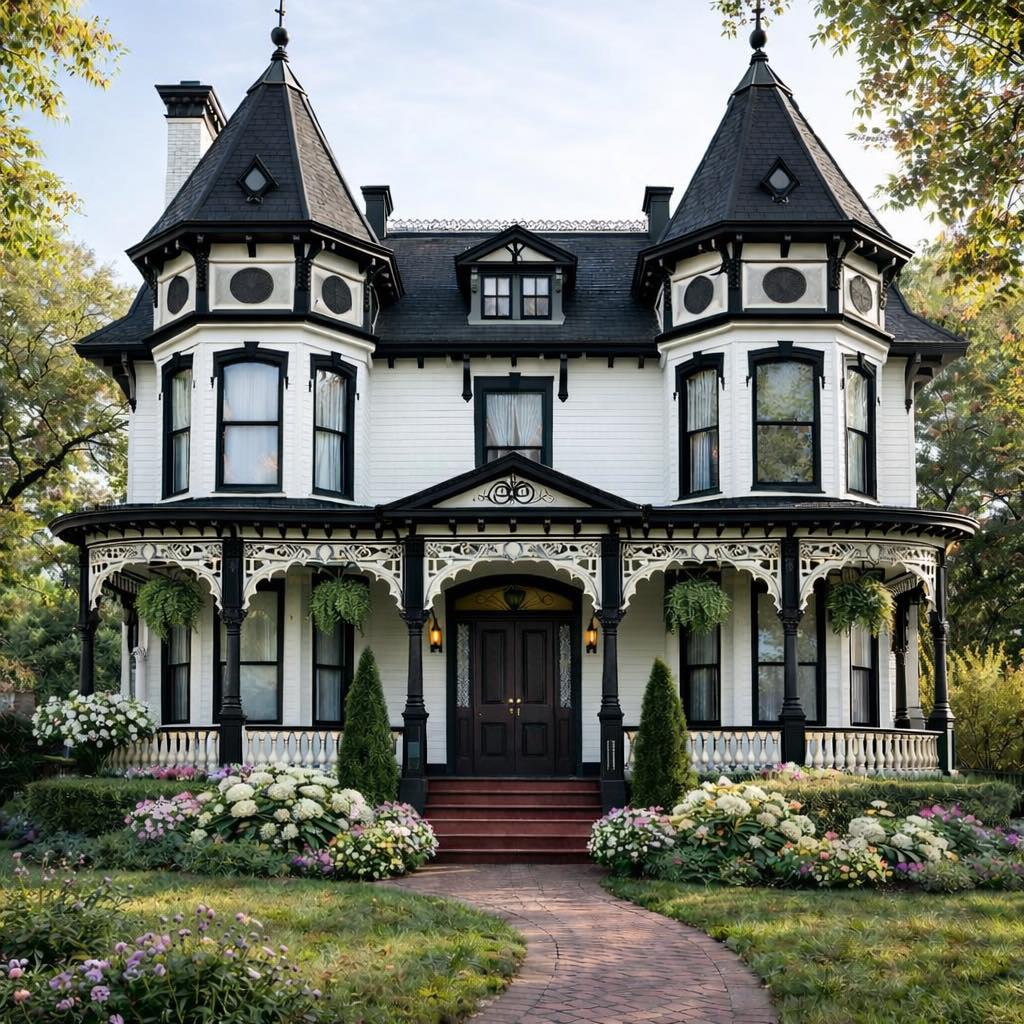 Black and white Victorian mansion with two turrets, wraparound porch, and flower gardens