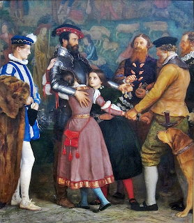 Painting of a knight in armor with two girls being returned to men offering furs and gold as ransom