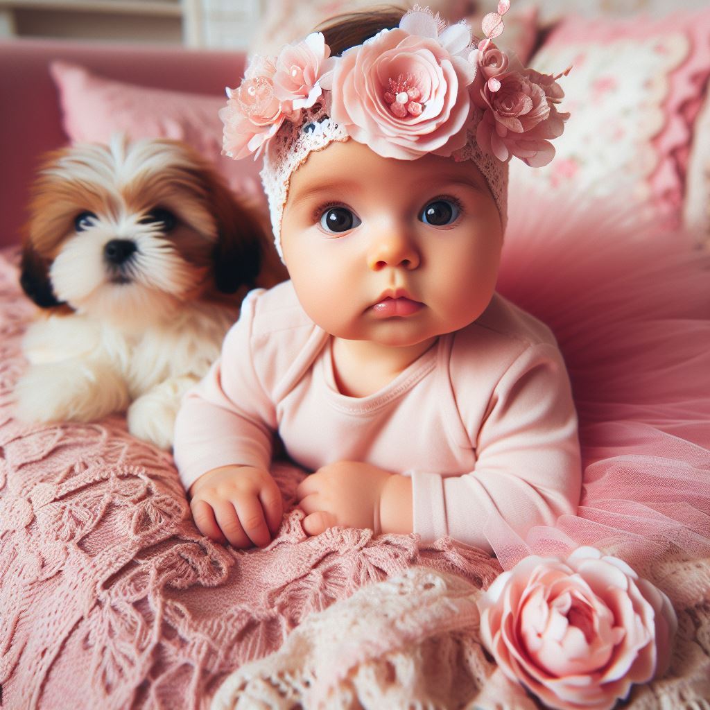 Baby girl in pink outfit with flower crown sitting next to small fluffy puppy on pink blanket