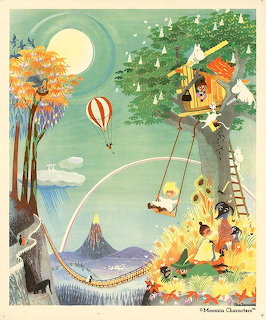 Illustrated Moomin characters in autumn valley with treehouse, balloon, and moon