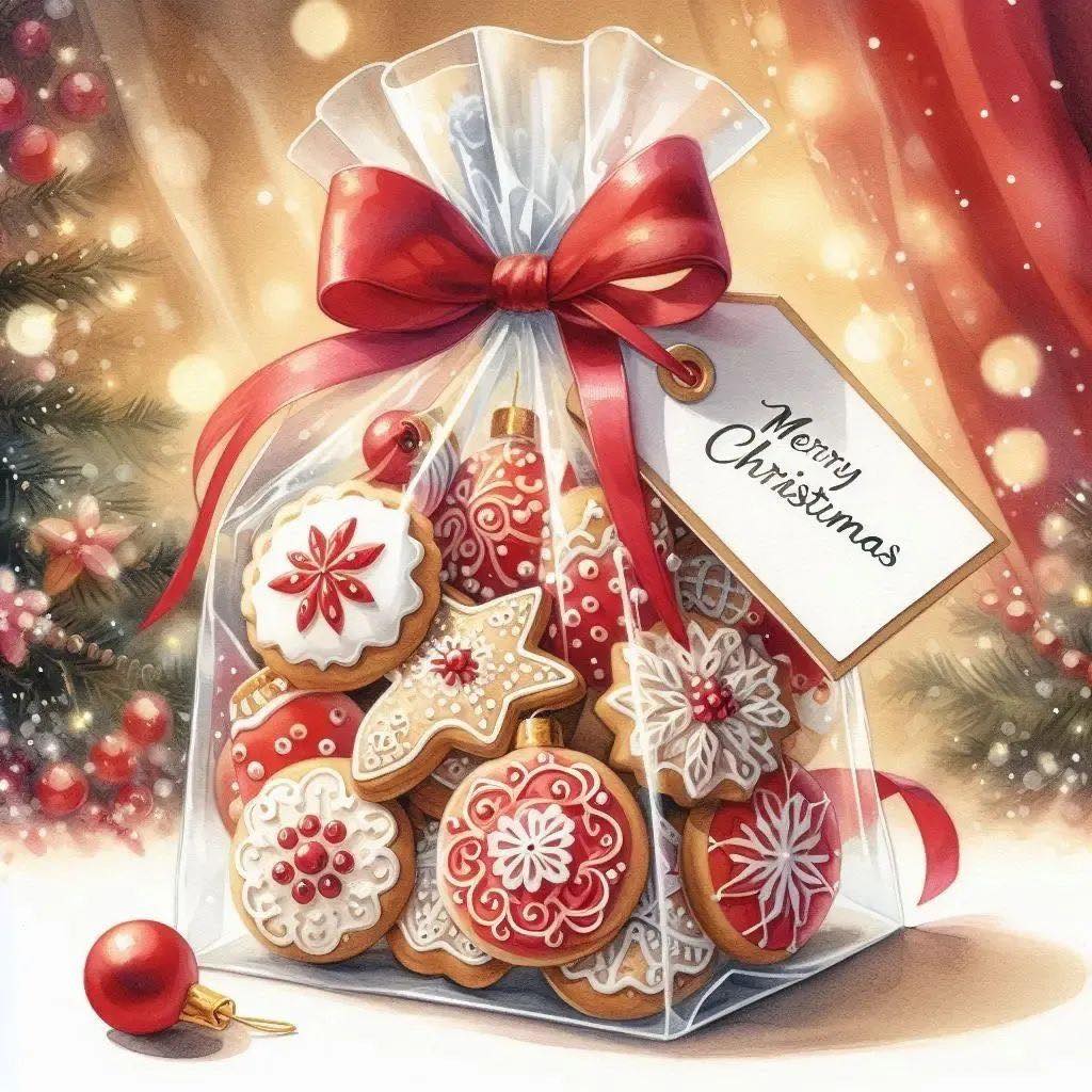Christmas cookies in decorative gift bag with red bow and holiday ornaments