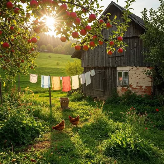Sunlit rural scene with apple tree, old barn, clothesline, and chickens on green grass