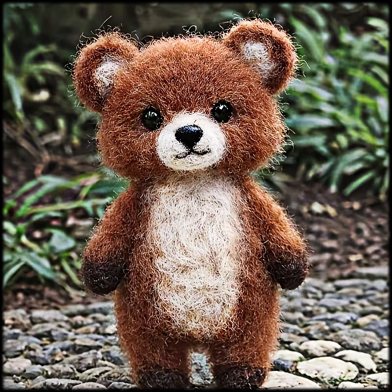 Needle-felted brown bear craft figure standing on pebbles outdoors