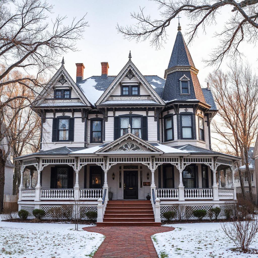 Grand Victorian mansion with decorative trim, wraparound porch, and turret in snowy winter setting