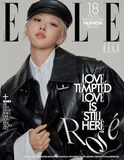 Rosé posing on Elle magazine cover in black leather jacket, white shirt, and black beret