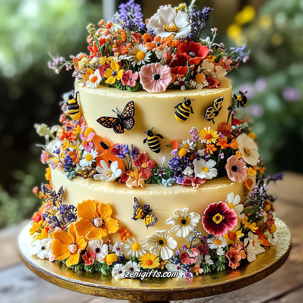Three-tier yellow cake covered in colorful flowers and painted bees