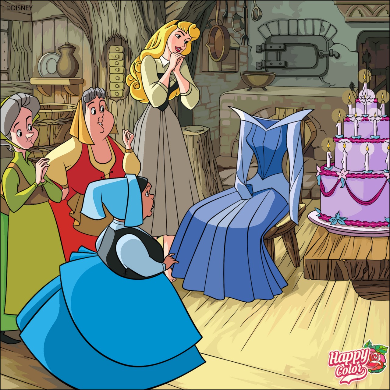 Princess Aurora in a cottage with animal helpers, a blue dress on a chair, and a pink cake