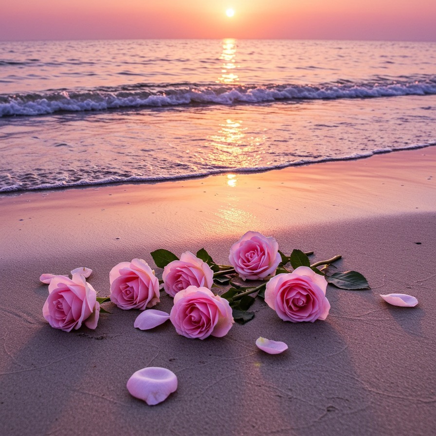 Pink roses on a sandy beach with ocean waves and a sunset in the background
