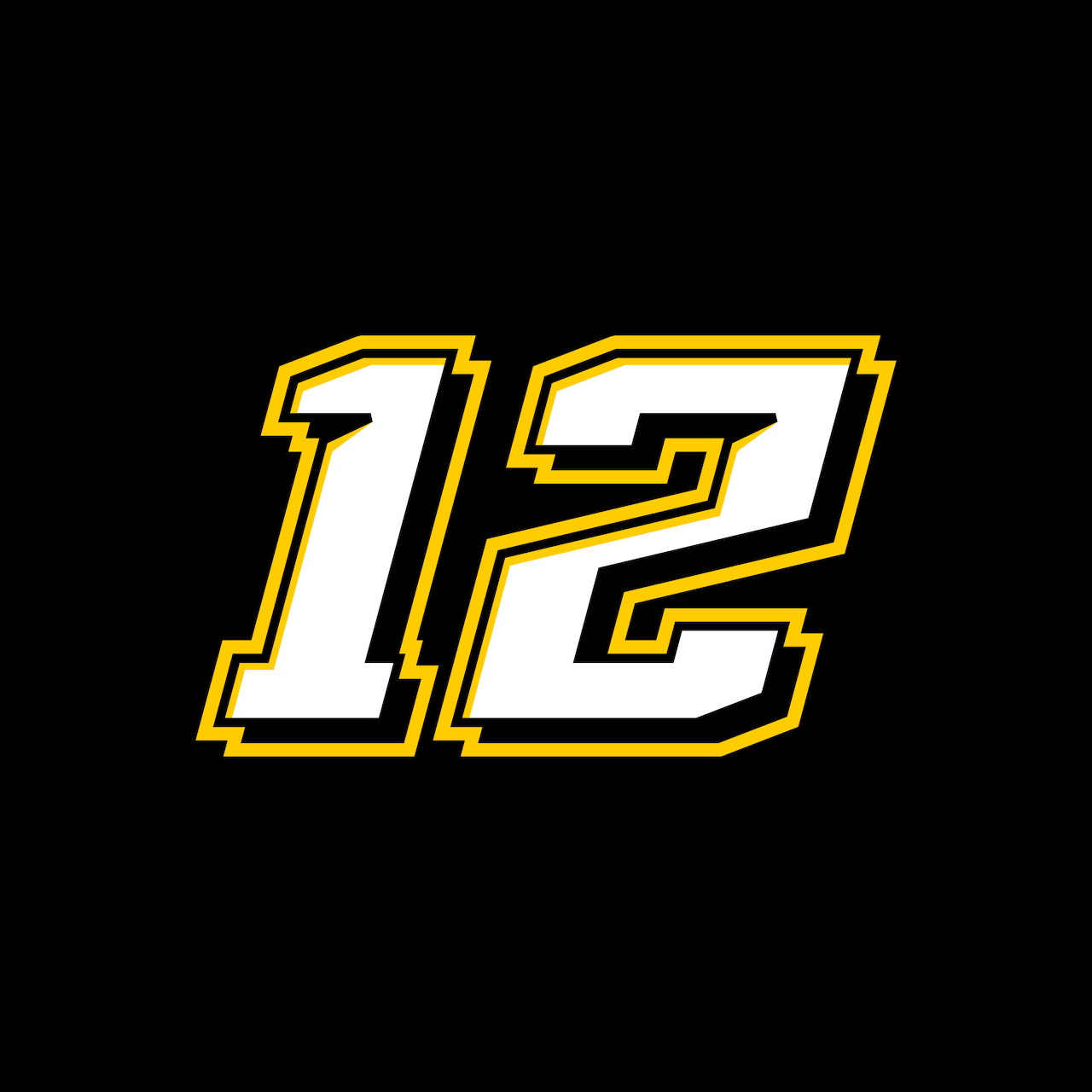 White number 12 with yellow and black outline on black background