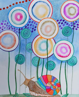 Whimsical art showing colorful circular flowers with spiral centers and a rainbow-shelled snail below